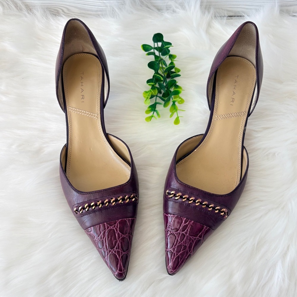 Tahari Nadia Kitten Heel Plum Purple Leather Croc Toe Chain Pump Shoes 10M